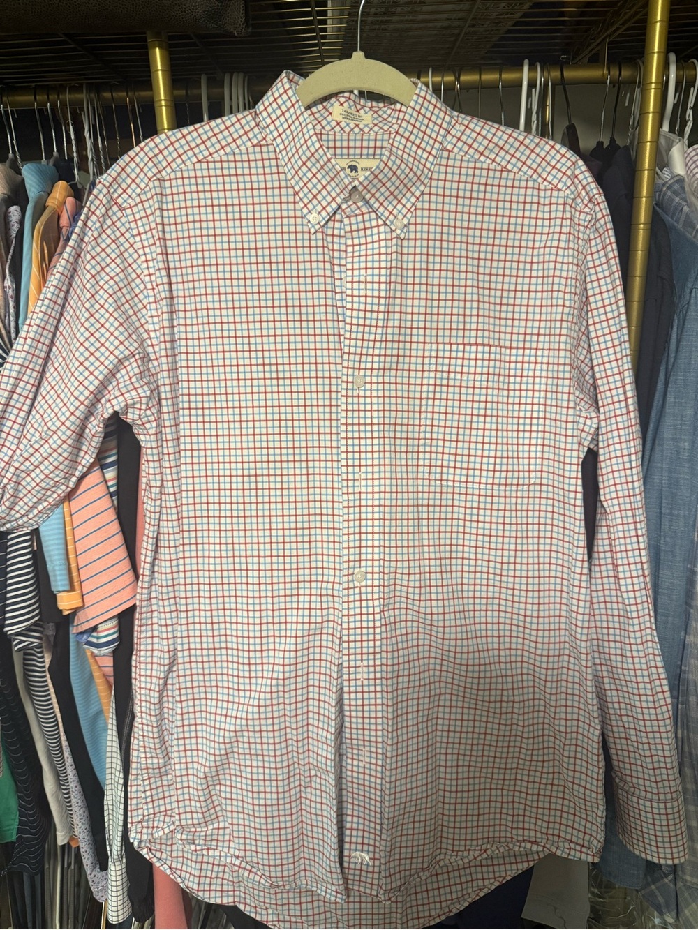 Men's White Dress Shirt with Red and Blue Windowpane Check
